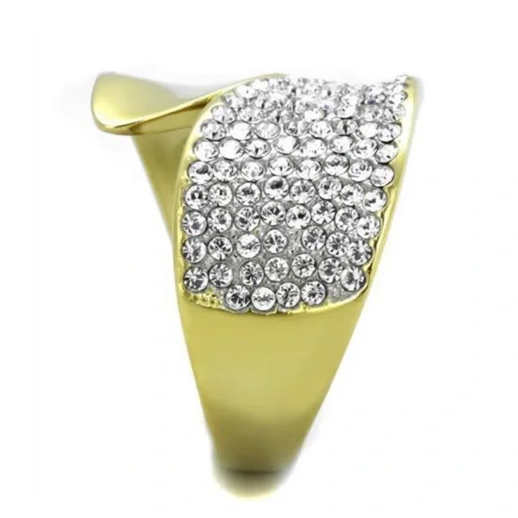 🌟🌟Pave Gold Bling Swirling to Flat Gold Design Stainless Steel Ring - Picture 5 of 5